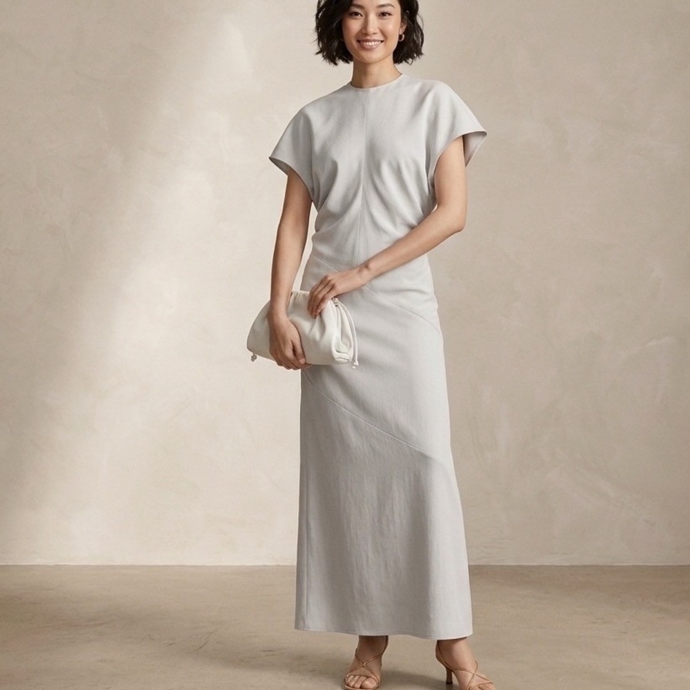 COS Light Grey Spiral Seam Maxi Dress | Minimalist Cap Sleeve Gown
12